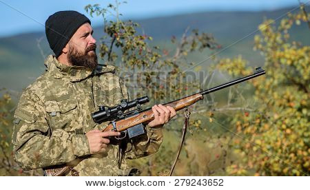 Bearded Hunter Spend Leisure Hunting. Hunting Equipment For Professionals. Hunting Is Brutal Masculi