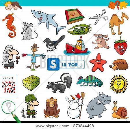 Cartoon Illustration Of Finding Picture Starting With Letter S Educational Game Workbook For Childre