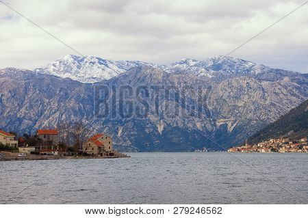 Cloudy Mediterranean Landscape. Montenegro,  Adriatic Sea, Bay Of Kotor. View Of Stoliv Village And 