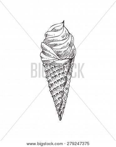 Ice Cream Monochrome Sketch Outline. Take Away Fresh Food With Waffle Crusty Cone. Meal In Summer Ti