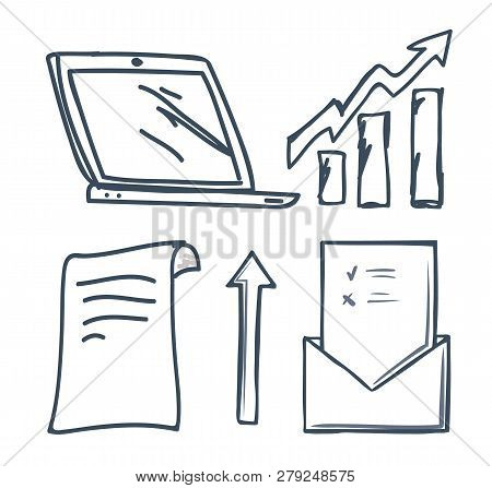 Office Document And Raising Arrows Set Vector. Laptop Screen Monitor Of Gadget, Sheet Of Paper And C