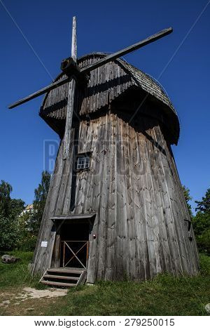 Lublin, Poland, August 2018: Old Wooden Windmill In Open Air Village Museum