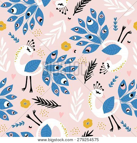 Seamless Pattern With Peacoks And Loral Elements. Creative Childish Texture. Great For Fabric, Texti