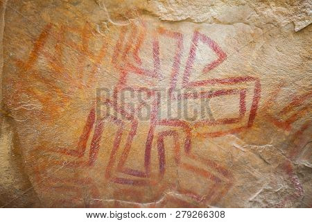 Prehistoric Paintings On Rock Known As Petroglyphs In The Municipality Of Facatativa In Colombia