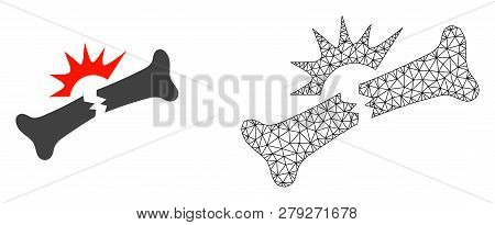 Polygonal Mesh Bone Fracture And Flat Icon Are Isolated On A White Background. Abstract Black Mesh L
