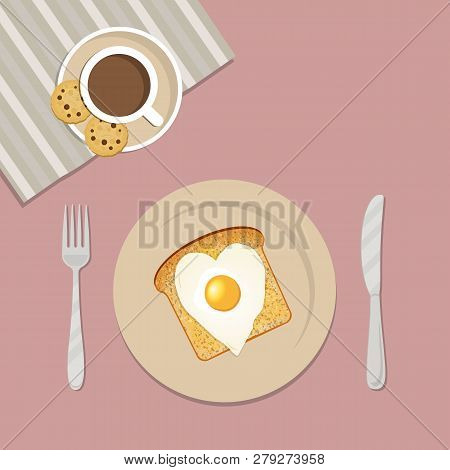 Breakfast For Valentines Day. Fried Eggs In The Shape Of A Heart And A Toast On A Beige Plate. There