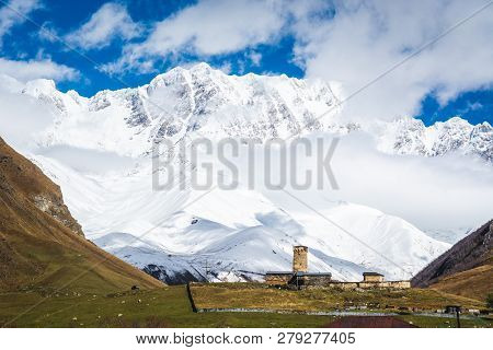 Picturesque Landscape Of Aged Georgian Rural Community Ushguli And Lamaria Church In Valley Of Beaut