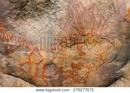 Prehistoric Paintings On Rock Known As Petroglyphs In The Municipality Of Facatativa In Colombia