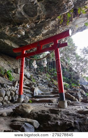 Miyazaki, Japan - November 6, 2018: Torii to the Namikiri Shrine, the name means cutting the waves, located on the Nichinan Coast south of Miyazaki City