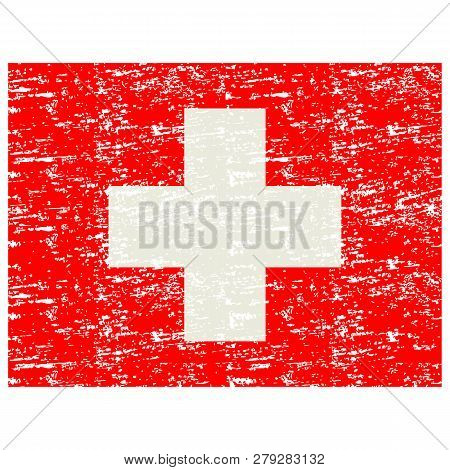 Flag Of Switzerland. Brush Painted Flag Of Switzerland. Hand Drawn Style Illustration With A Grunge 