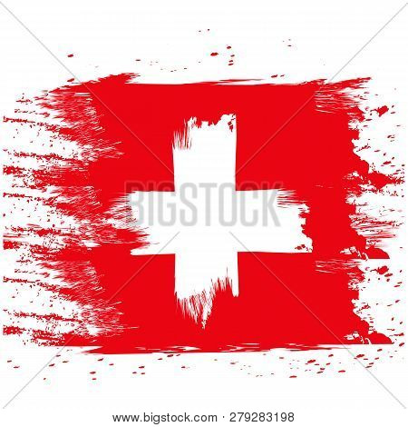 Flag Of Switzerland. Brush Painted Flag Of Switzerland. Hand Drawn Style Illustration With A Grunge 