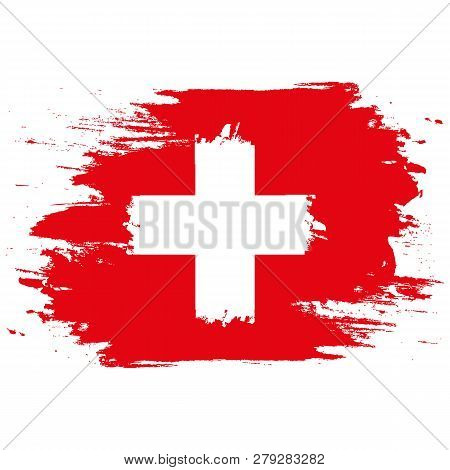 Flag Of Switzerland. Brush Painted Flag Of Switzerland. Hand Drawn Style Illustration With A Grunge 