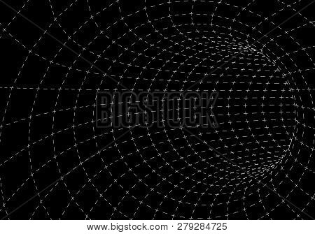 Tunnel Or Wormhole. Digital 3D Wireframe Tunnel. 3D Tunnel Grid. Network Cyber Technology.
