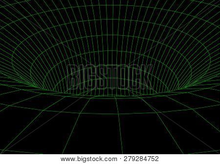 Tunnel Or Wormhole. Digital 3D Wireframe Tunnel. 3D Tunnel Grid. Network Cyber Technology. Surrealis