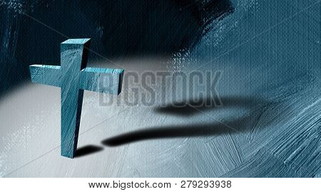 Graphic Illustration Of The Christian Cross Of Jesus Christ Casting A Long Shadow Of A Question Mark