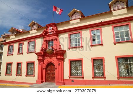 Palacio De Justicia, Historic Building On Plaza De Armas Square In The City Of Puno, Peru