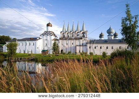 View Of The Bell Tower Of The Tikhvin Uspensky Monastery In The Quiet September Morning. Leningrad R
