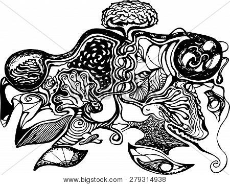 A Drawing With Two Souls That Tripe In One Another. Cosmos, Lotus, Ghosts. Psychedelic Pattern.