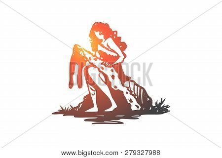 Primitive, Woman, Pelt, Stone, Age Concept. Hand Drawn Primitive Woman Sitting On Stone With Pelt Of