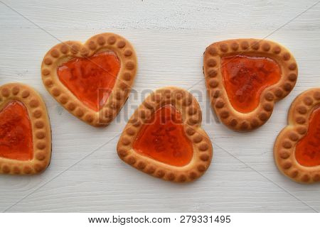Red Biscuit On White Background. Gingerbread Couple. Heart Symbol. Love Postcard.
