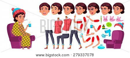 Asian Girl Vector. School Child. Animation Creation Set. Face Emotions, Gestures. Sick, Cough. Runy 