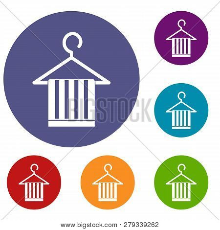 Scarf On A Coat Hanger Icons Set In Flat Circle Reb, Blue And Green Color For Web