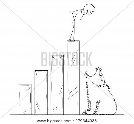 Cartoon Stick Man Drawing Conceptual Illustration Of Businessman Standing On Raising Financial Chart
