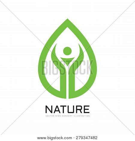 Green Leaf With Abstract Human Character - Concept Business Logo Template Vector Illustration. Natur