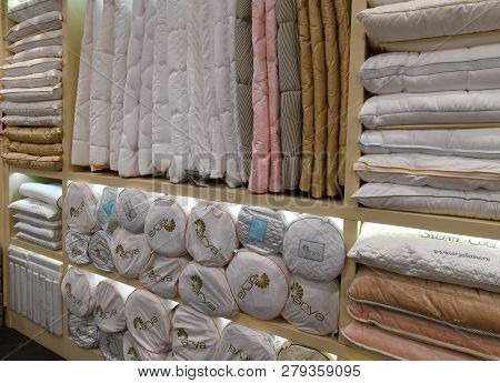 Moscow, Russia - January 18. 2019. Blankets And Pillows In The Turkish Arya Home Store