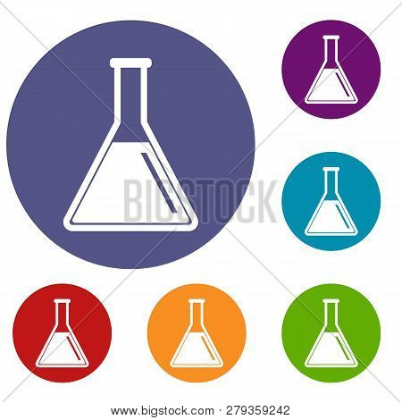 Test Tube With Oil Icons Set In Flat Circle Reb, Blue And Green Color For Web
