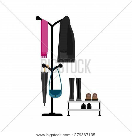 Furniture For Hall In Flat Style. Clothes Hanger And Shoes.