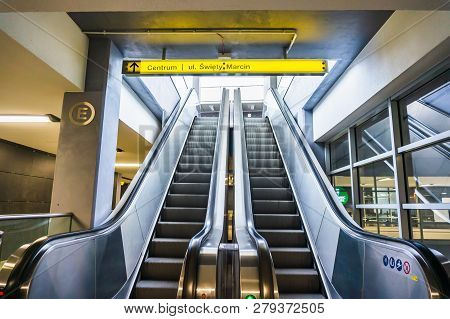 Poznan, Poland - November 21, 2018: Escalator In The Kaponiera Underground Passage Leading To The Sw