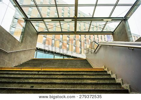 Poznan, Poland - November 21, 2018: Stairs With Yellow Mark Leading From The Kaponiera Underground P