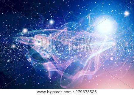 Planet Earth And Explosion Of Supernova In The Open Space Against The Stars. Remnant Of The Supernov