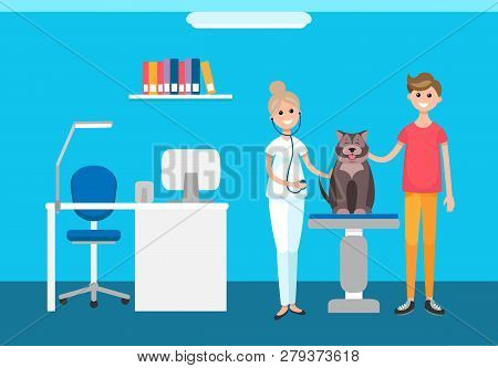 Veterinarian Veterinary Check Up At Pets Clinic Vector. Interior Of Domestic Animals Treatment Hospi