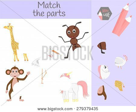 Compliance With Childrens Educational Game. Match Animal Parts. Find The Missing Puzzles