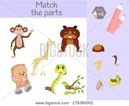 Compliance With Childrens Educational Game. Match Animal Parts. Find The Missing Puzzles
