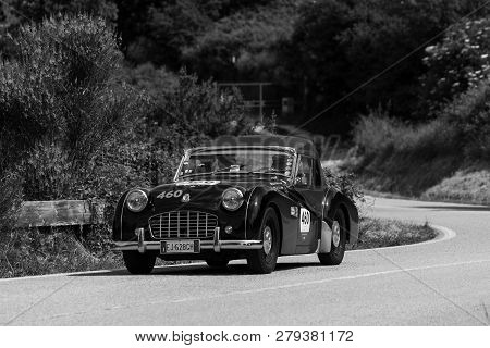 Pesaro Colle San Bartolo , Italy - May 17 - 2018 : Triumph Tr 3 Sports 1957 On An Old Racing Car In 