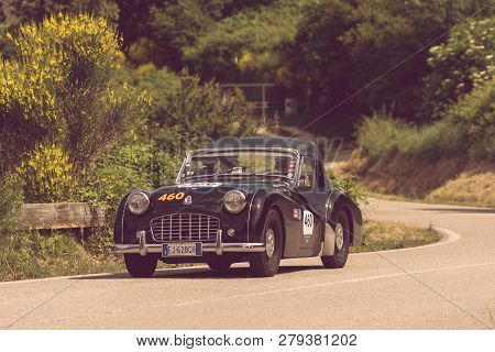 Pesaro Colle San Bartolo , Italy - May 17 - 2018 : Triumph Tr 3 Sports 1957 On An Old Racing Car In 