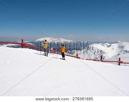Skiers In The Summit Of Kalavrita Ski Center