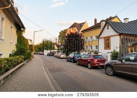 Regensburg, Germany - 26 July, 2018: Clean And Cozy Streets And Architecture Of Regensburg City. Man