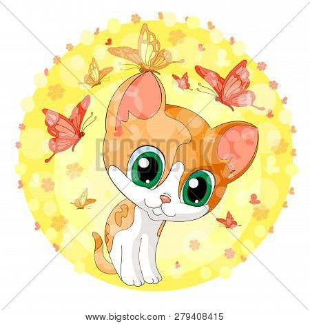 Cute Cat  Kitten Yellow Background Summer Vector