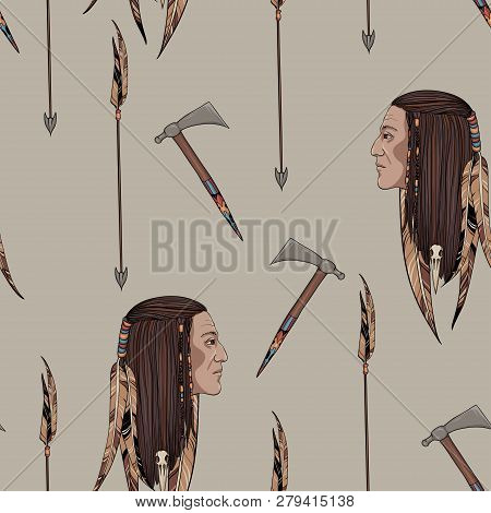Seamless Texture Of People And Weapons, Warpath. Can Be Used As A Textile Pattern.