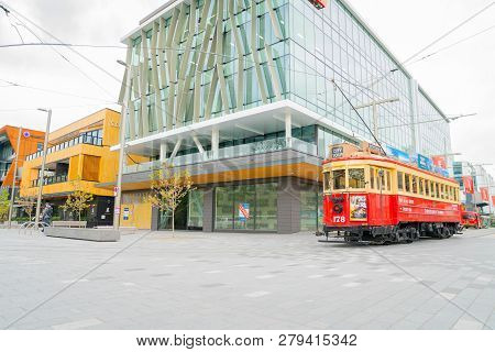 Christchurch New Zealand October 10 2018; Number 178 City Tour Tram Passes New Buildings In Business