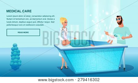 Illustration Operative Medical Care Sick Patient. Vector Banner Image Bearded Man Holding In His Han