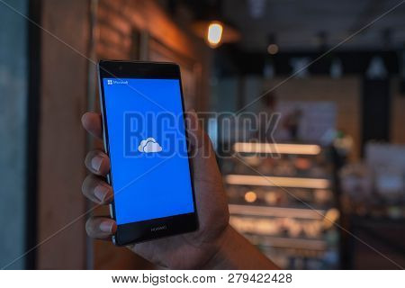 Chiang Mai, Thailand - June 09,2018: Man Holding Huawei With Onedrive On Screen. Microsoft Onedrive 