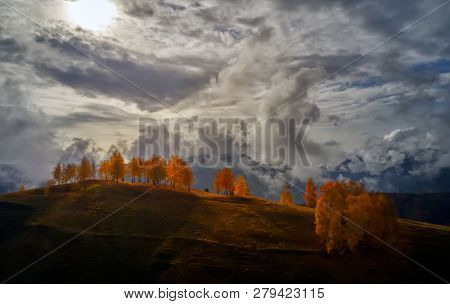 aerial view of Carpathian mountains countryside in autumn morning, Romania