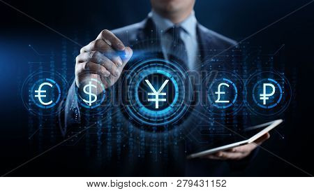 Yen Currency Sign Icon On Virtual Screen. Forex Trading Business Technology Concept.