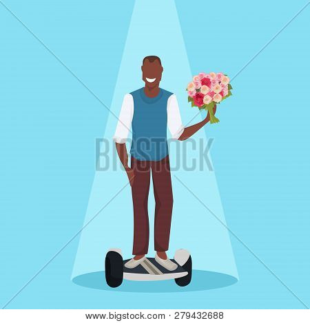 Happy Man Riding Electric Scooter Holding Flowers Bouquet Holiday Celebration Concept Modern Persona