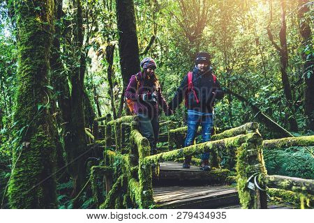 Couples Traveling, Relax In Winter. Walking Travel To Study Nature In The Rainforest. At The Angka, 